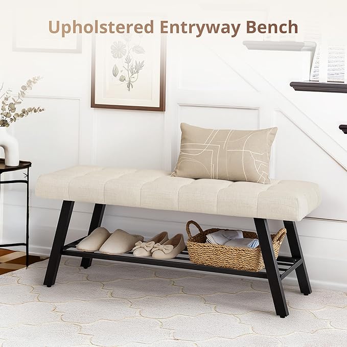 LUE BONA 45" Entryway Bench with Storage Shelf, End of Bed Bench with Tufted Linen Fabric Seat, Bedroom Bench with Metal Frame, 330 LBS Capacity for Entryway, Living Room, Hallway, Linen Color
