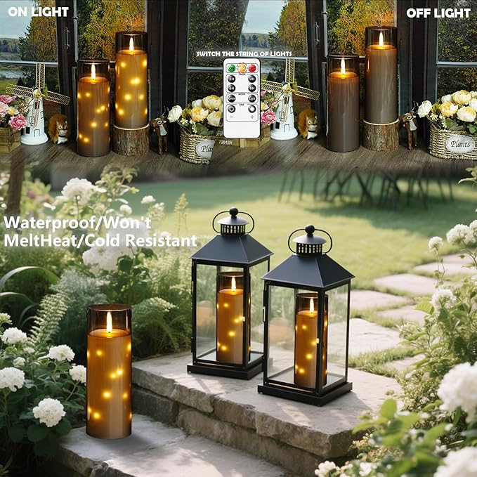 11" x 4" Large Outdoor Waterproof Flameless LED Candles with Remote and Timer,Acrylic Pillar Candles Battery Operated with Embedded Star String for Porch,Patio,Outdoor Decor,Set of 2(Grey)