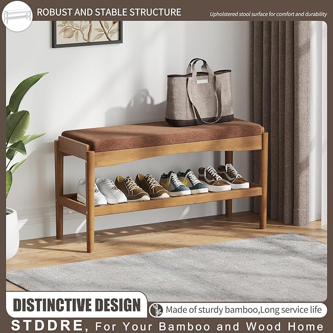 Shoe Bench Entryway Bamboo 2-Tier Shoe Rack with Cushion Padded Seat Shoe Bench Organizer Stable for Hallway, Living Room, Bedroom (31.5 * 11.4 * 16.5IN, Brown-Brown)