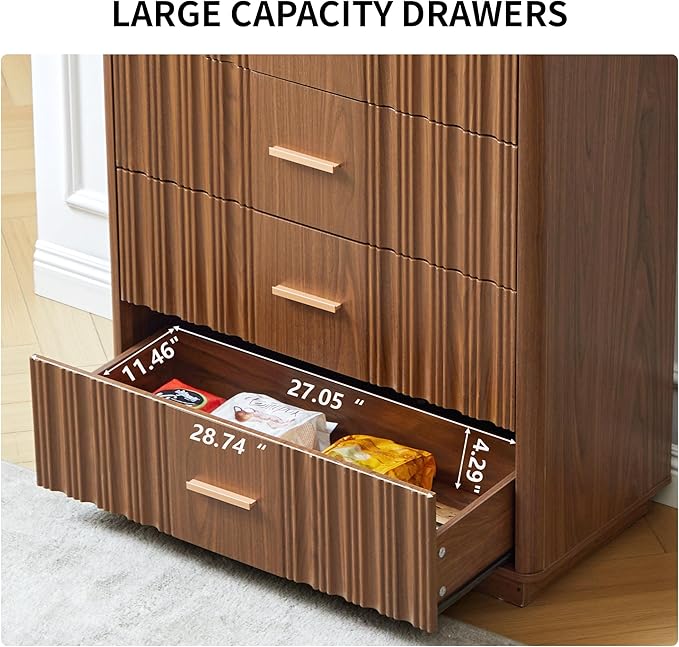 Fluted 5 Drawers Dresser for Bedroom, Wooden Tall Storage Dresser TV Stand, Curved Profile Modern Chest of Drawers, Wood Closet Clothes Storage Organizer for Living Room Hallway,Walnut 2 Sets