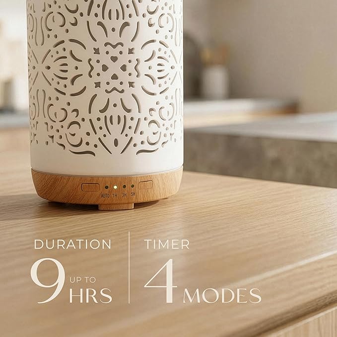 Earnest Living Essential Oil Diffuser White Ceramic Diffuser 250 ml Timers Night Lights and Auto Off Function Home Office Humidifier Aromatherapy Diffusers for Essential Oils