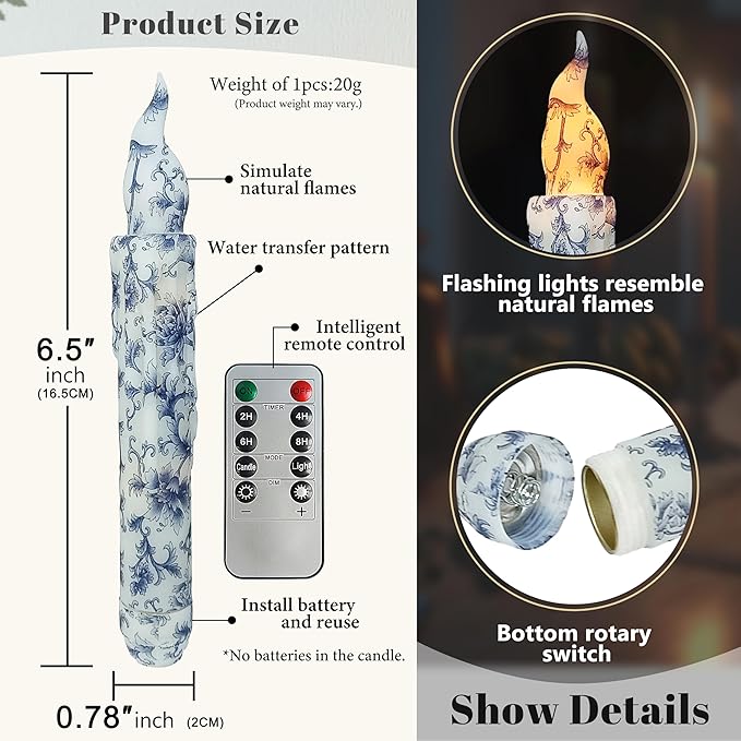 Blue and White Porcelain Flameless Short Taper Candles, Drip LED Battery Operated with Remote, Flickering Flame Lights for Home Décor, 6.7 Inch Primitive Flameless Print Candles, 4PCS