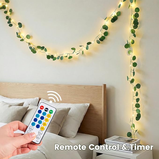 Eucalyptus Garland with 40 LED Fairy Lights – Lighted Greenery Vine with Remote & Timer, Dual Power (USB/Battery), IP44 for Cozy Home, Mantel, Wedding & Spring Decor