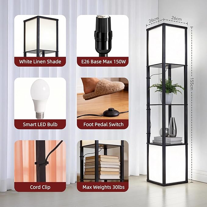 Black Floor Lamp with Shelves/Remote/App Control, Dimmable Led Standing Corner Display Bookshelf Lamp,Color Changing Temps,Floor Lamps for Living Room,Bedroom,Office (FL2L)
