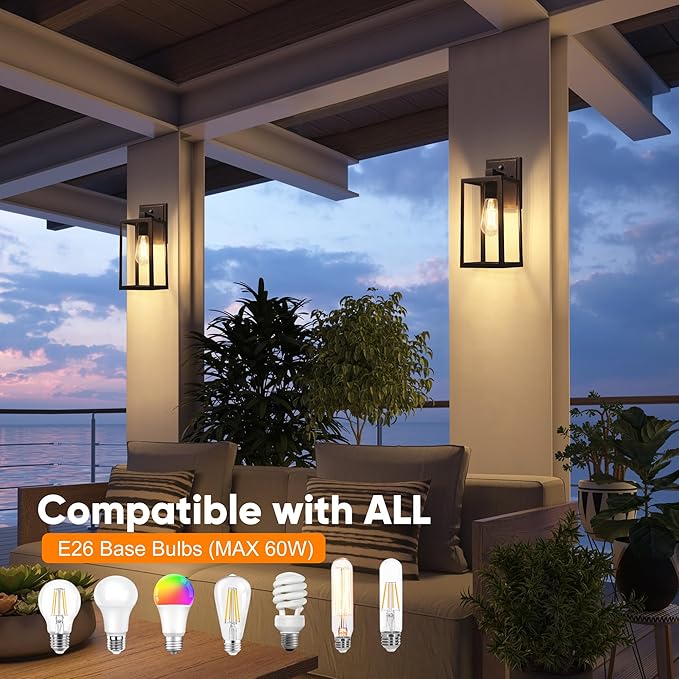 PARTPHONER Dusk to Dawn Porch Light Fixtures, Black Brushed Gold Exterior Lighting Lamp, Sensor Wall Lantern, Waterproof Outdoor Wall Sconce for House Doorway, Garage 2 Pack