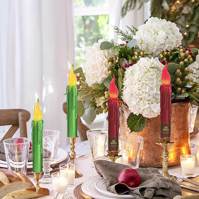 Christmas Metallic Red Green Flameless Short Taper Candles, Hand Dipped LED Battery Operated with Remote, Flickering Flame Lights for Home Décor, 6.7 Inch Primitive Flameless Candles, 4PCS