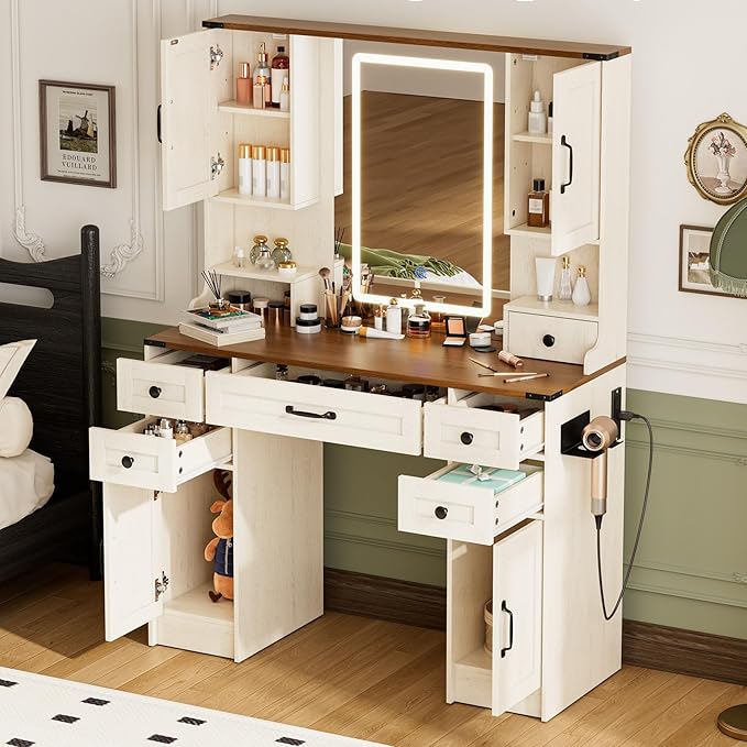 NUNU LAB 42 Inchs Large Vanity Desk with Mirror and Lights with 6 Drawers and 4 Cabinets, Big Women Makeup Table with Power Outlet, 3-Color Adjustable Lighting for Bedroom Brown