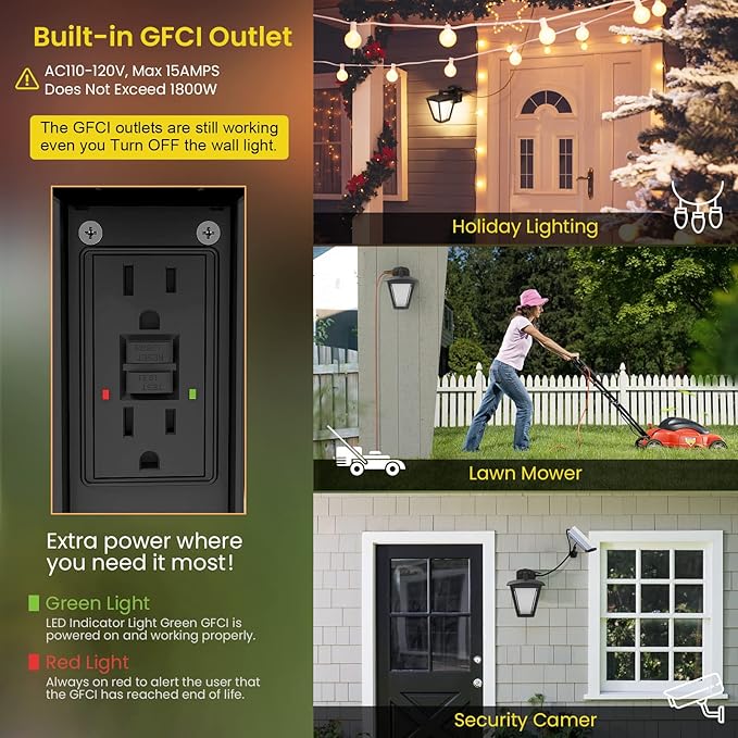 YARBO Smart Outdoor Wall Lantern with GFCI Outlet, APP Control Porch Lights, Color Changing RGBW Wall Sconce, Work with Alexa (Required SML Gateway), Outdoor Wall Lights for House, ETL Listed