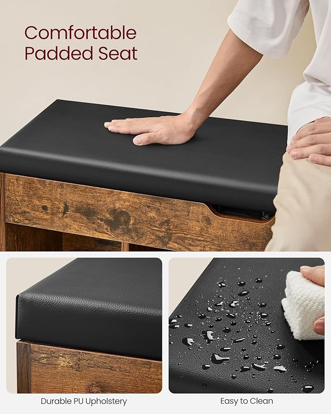 VASAGLE CUSTOS Collection - Storage Bench with Cushion, Shoe Bench, Padded Seat, Hidden Storage, Entryway, Hold up to 300 lb, 11.8 x 39.4 x 17.3 Inches, Rustic Brown and Ink Black ULHS130B01