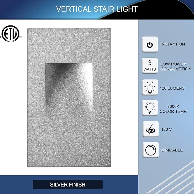 Ciata LED Stair Lights Indoor - Step Lights Outdoor Stair Light 3 Watt, Warm White Stairway Lighting for Outdoor and Indoor Stairs 3000K Concrete, Home Theater Lighting - Silver Finish, Vertical