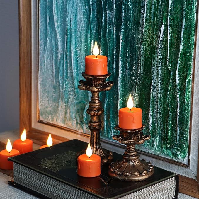 FREEPOWER Orange Halloween Candles,Rechargeable Flameless Candles with Remote Timer, Soft 3D Wick LED Tealights Candle, Rechargeable Candles Flickering Realistic for Halloween Decorations,Set of 6