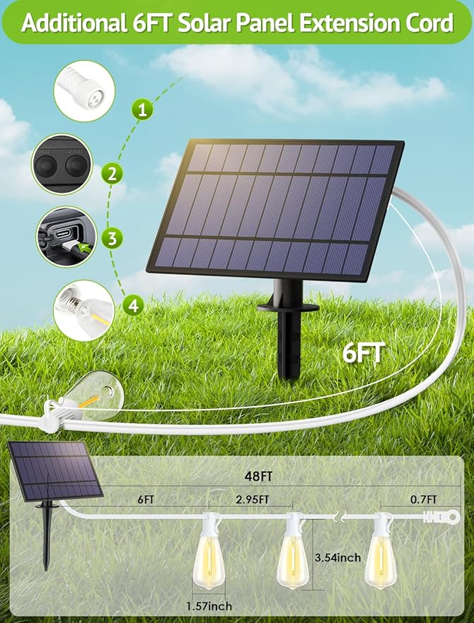 48FT Solar Outdoor String Lights with Remote & Timer, Shatterproof Dimmable 3 Modes Patio Lights with 15+1 ST38 LED Bulbs for Backyard-White