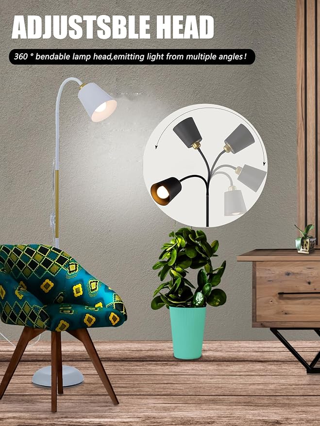 AoMck Floor Reading Lamp, Industrial Metal Floor Lamps for Living Room with Adjustable Bendable 2 in 1 Reading Table Lamps for Living Room Bedroom Office, 12W Bulb Included (White)