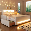 MERITLINE Full Size Upholstered Platform Bed with Drawer, App-Controlled RGB LED Light Strip & USB Port, PU Fabric Storage Bed (White) | LED light, Storage Drawer