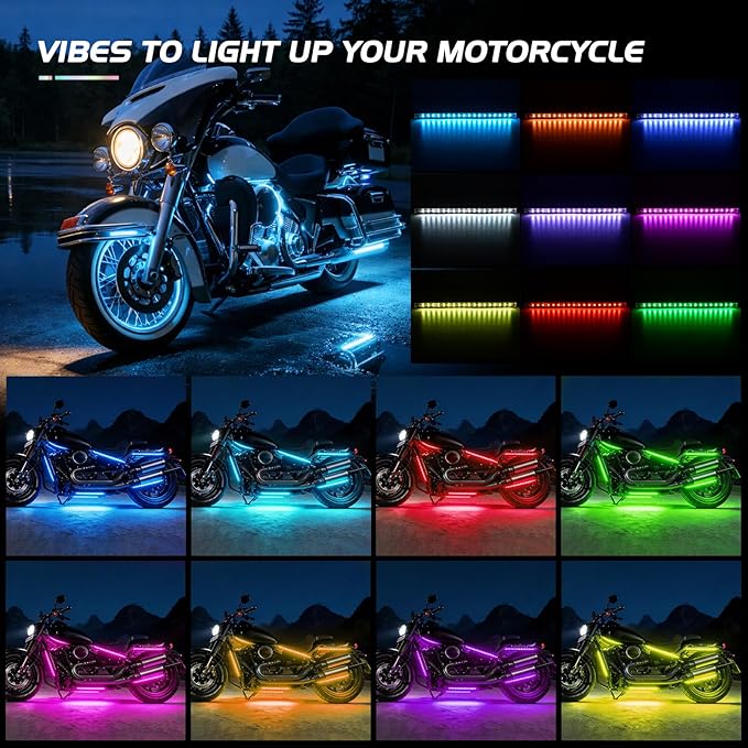 Nilight 8PCS Motorcycle RGB Led Light Kit Waterproof Multi-Color Atmosphere Lights Lamp with 4Key RF Wireless Remote for Harley Davidson Honda Kawasaki Suzuki, 2 Years Warranty (TL-42)