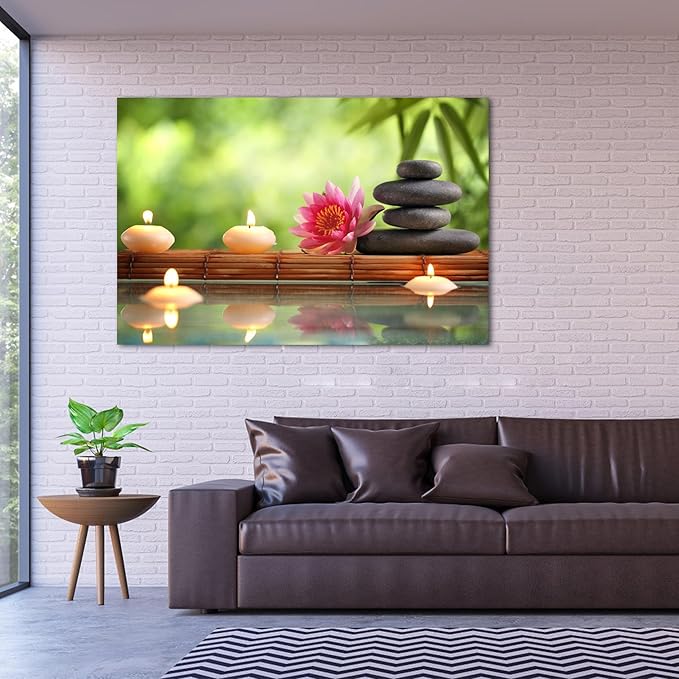 Zen Wall Art Decor, Modern Bathroom Zen Decor Wall Art, Canvas Wall Art for Spa Zen Room Decor, Green Bamboo Forest and Black Pebble Relaxing Art Prints for Office Meditation Decor 32x48 Inches