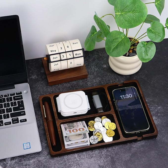 MultiBey Acacia Wood Valet Tray Nightstand Organizer, Wooden Valet Trays for Men Women, Wood Desk Organizer Drawer, EDC Essentials Catchall Tray for Phones, Watch, Pens, Keys