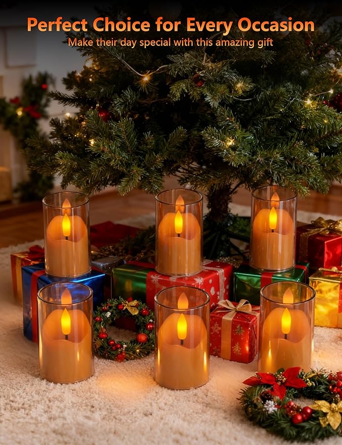 Rechargeable Operated Acrylic LED Tealight with Remote Control and Timer,Amber Flickering Flameless Candles for Home Decor, Valentines, Holidays (Set of 6