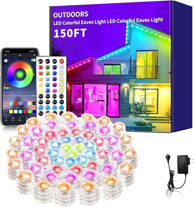 Permanent Outdoor Lights 150ft Smart Outside RGB LED Christmas Light, App Control Remote IP67 Waterproof Eternity Eaves Lighting for Halloween，House，Patio Decor ，Garden Decor, Decorations
