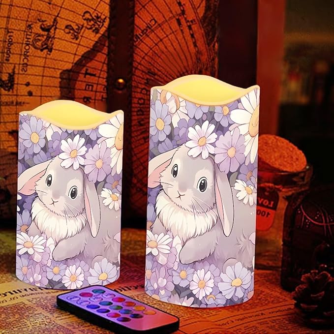 Cute Bunny Puprle Daisy Flickering Flameless Candles with Remote LED Pillar Candles Battery Operated with Timer Color Changing Electric Candles Easter Decoration