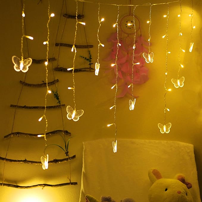 Decorman Butterfly Curtain Lights, 4.9ft 48 LED USB Window Fairy Lights 10 Butterflies 8 Modes Firefly Twinkle String Lights for Room Bedroom Wall Ceiling Party Wedding Christmas (Warm White)