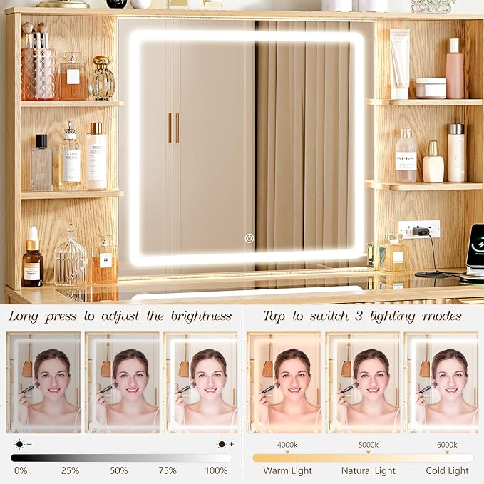 Vanity Desk with Large 27.2" Mirror and Lights 47.2" Fluted Makeup, 5 Drawer Vanity with Power Strip, 4 Open Shelves, 2 Cabinet, Modern Bedroom Vanity Featuring Visual Transparent Glass. Wood