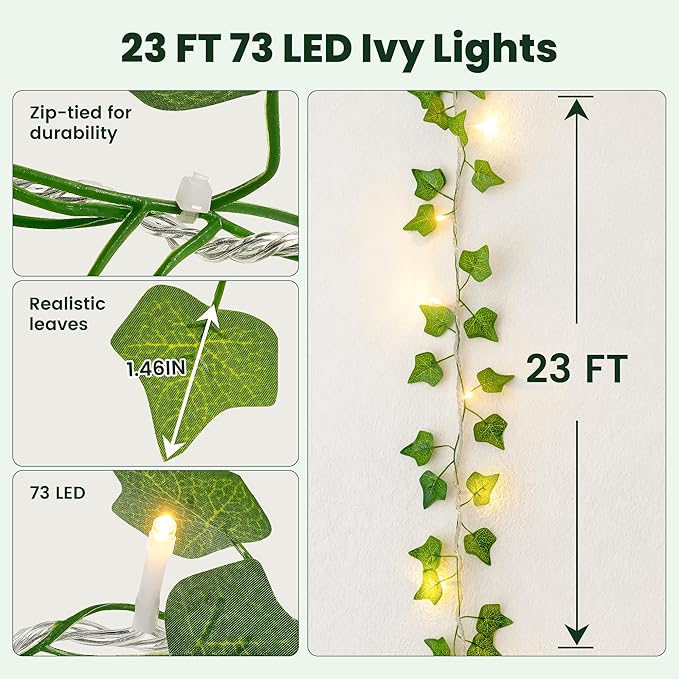 HEYFUNi Vines with Lights, 23 Ft 73 Led Fake Ivy String Lights Plug in, Leaf Lights for Bedroom, Wall, Balcony, Wedding Decor, Warm White