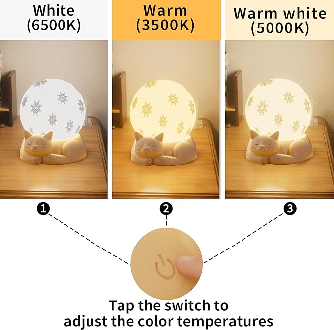 Bedside Table Lamp for Bedroom - Touch Control Rotating Cat Lamp with 3 Color Temperature, Rechargeable Battery Operated Cordless Lamp for Nightstand, Nursery, Kids Room