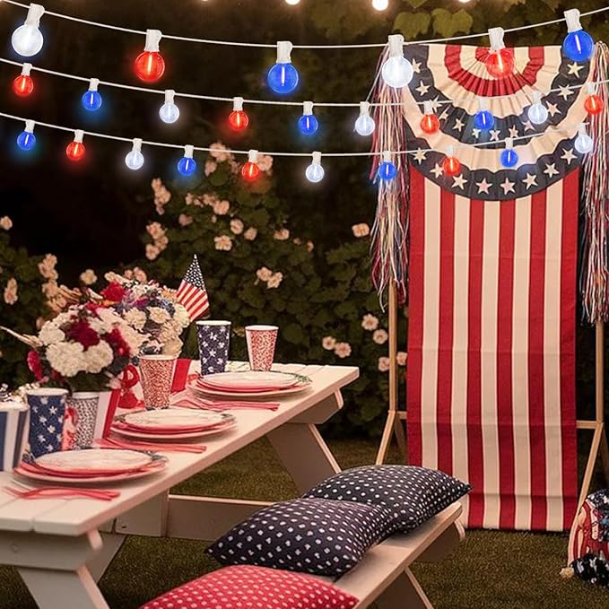 LAMPHOME 26Ft LED G40 Red White and Blue Lights Outdoor 4th of July Lights with12+1 Shatterproof Bulbs for Patriotic Decor in Yard Garden Patio - Light up Memorial Day 4th of July Decorations Outdoor