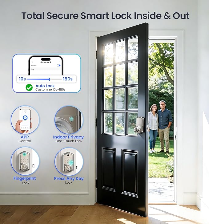 Veise VE018 Smart Knob Handle Lock - Fingerprint, App Control, Keyless Entry for Front Door and Bedroom, Electronic Digital Keypad, Auto Lock, Remote Access Sharing, IP55 Weatherproof, Satin Nickel