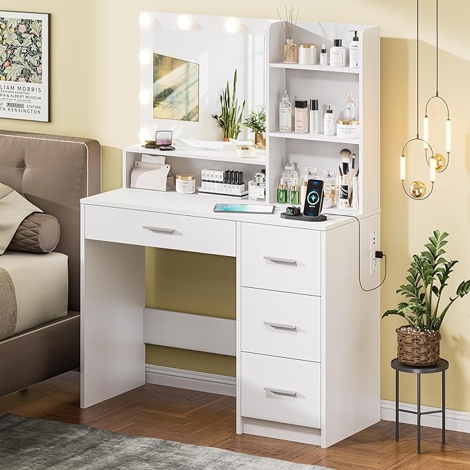 Vanity Desk with Lighted Mirror, White Vanity with 4 Drawers,Makeup Vanity with Storage Shelves and Power Outlet,10 Lights with 3 Color Modes Brightness Adjustable for Girls’ Bedroom (White)