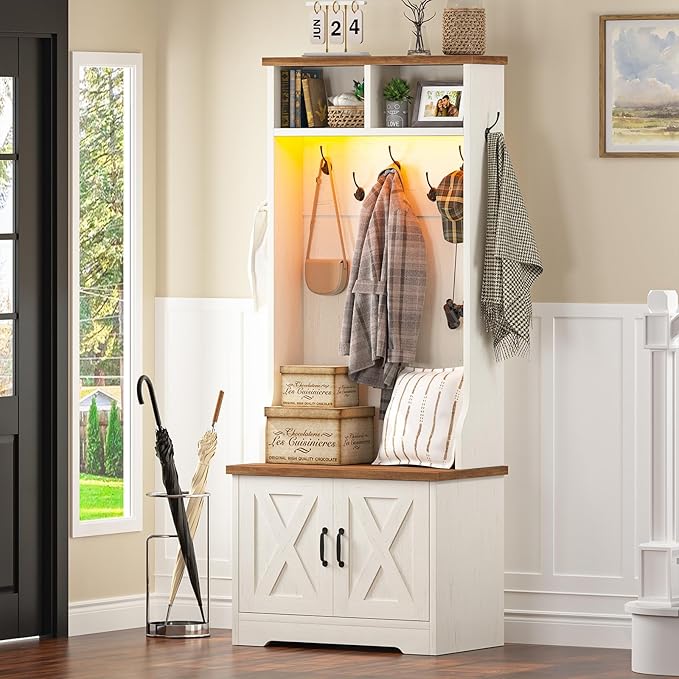 Hall Tree with Bench and Shoe Storage, Entryway Bench with Coat Racks and Led Lights, Farmhouse Small Hall Tree with Shoe Cabinet, 7 Coat Hooks, 6 Storage Cubbies, Adjustable Shelf