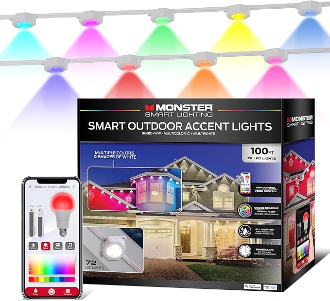 Monster Smart Permanent Outdoor Lights, 100ft, 72 LED Eaves Lights, RGB+IC+WW, Weather & Water Resistant, App & Voice Control, Compatible with Alexa and Google, for Halloween, Christmas & Year-Round