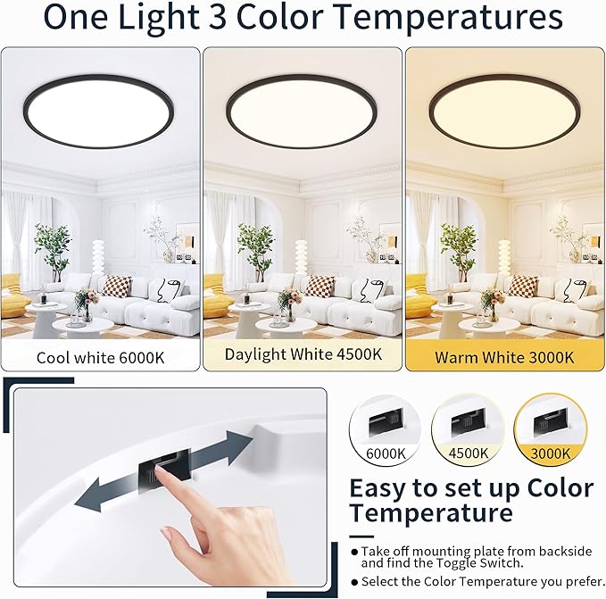 MOONSEA 24 Inch Flush Mount Ceiling Light Fixture 48W - 3000K/4500K/6000K Adjustable Round Large Kitchen Light Fixtures Ceiling 4800lm, Dimmable Light Fixtures for Bedroom, Black