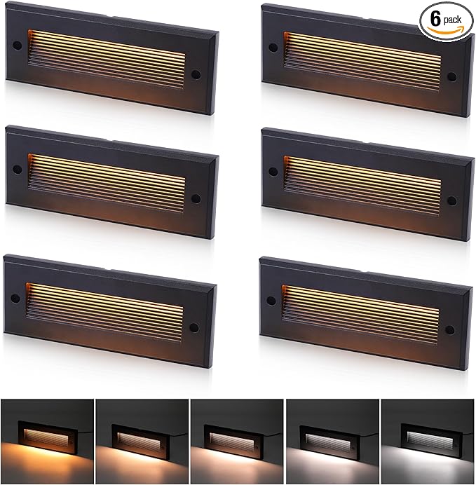 [6 Pack] Cloudy Bay 9 Inch 5CCT Low Voltage LED Outdoor Step Lights 12V-15V 3W/5W Dual-Bright Selectable Landscape Stair Lights,Exterior Deck Lights, Aluminum,Metal Black