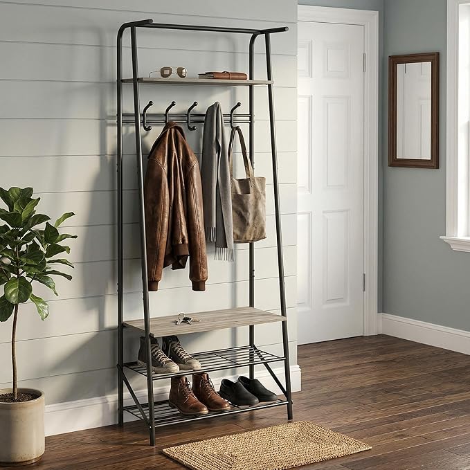 24" Grey Hall Tree with Bench and Shoe Storage, Single Row Hooks Coat Rack Freestanding Organizer, Heavy Duty Coat Rack with Shoe Storage, Coat and Shoe Rack Entryway Mudroom Bedroom