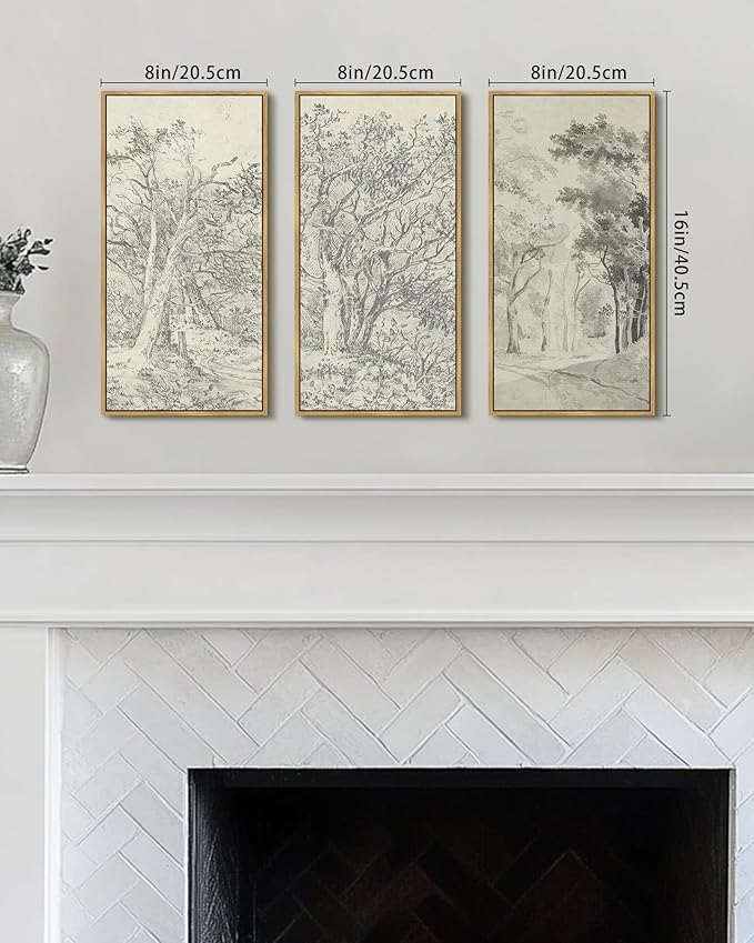 KUVIOKE Vintage Sketch Trees Drawings Farmhouse Wall Art for Living Room Bedroom Ready to Hang 8x16in3pcs Natural Framed