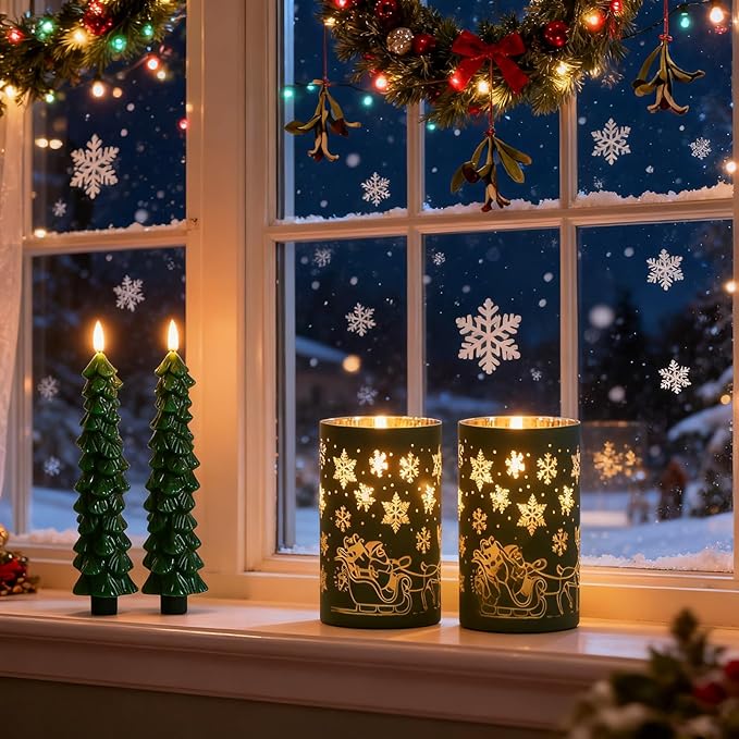 Lezonic Christmas Flameless Candles with Remote, Green Christmas Tree Flickering Battery Operated Window Candlesticks, Glass Flameless Xmas New Year Decorations Gifts, Set of 4 Real Wax LED Candles
