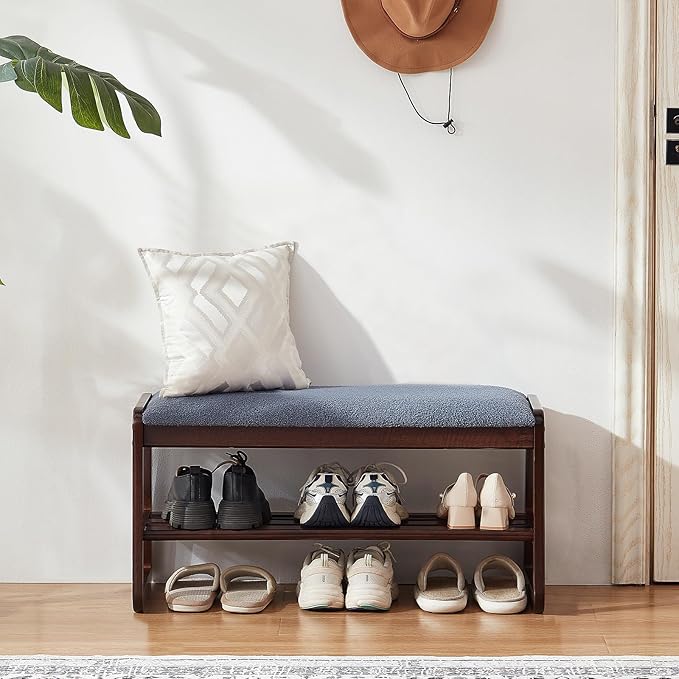 Shoe Rack Bench,2 Tier Solid Wooden Entryway Bench with Shoe Storage, Shoe Rack with Cushion for Living Room, Hallway(Grayish Blue, 31.5")