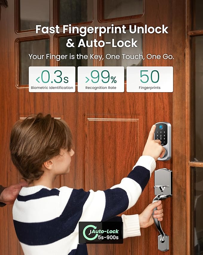 DESLOC B200 Fingerprint Front Door Lock Set with Durable Handleset, Keyless Entry Deadbolt, Electronic Keypad, App Control, Easy Installation, Designed for a Modern and Stylish DESLOC Home, Silver