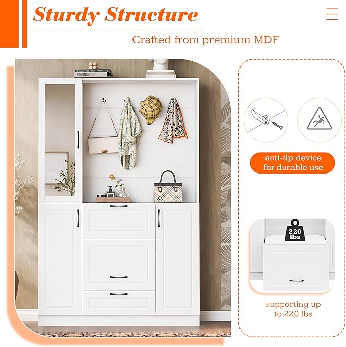 Merax Hall Tree with Foldable Bench and Shoe Storage, Entryway Coat Rack with Mirrored Cabinet Door, Hooks, Drawer, and Cabinets, Modern Hall Trees for Hallway, Living Room,White