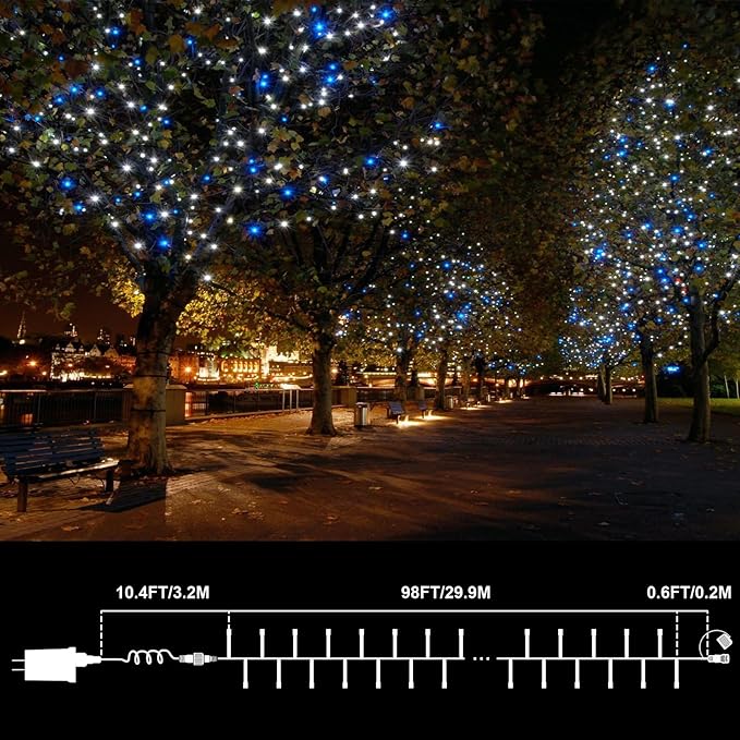 LAMPHOME 99FT 300 LED Blue White String Lights, 16 Modes Plug In Mini Fairy Lights, Waterproof Outdoor Christmas Lights for Hanukkah Xmas Tree Garland Bedroom Ocean Party July 4th Patriotic Decoration