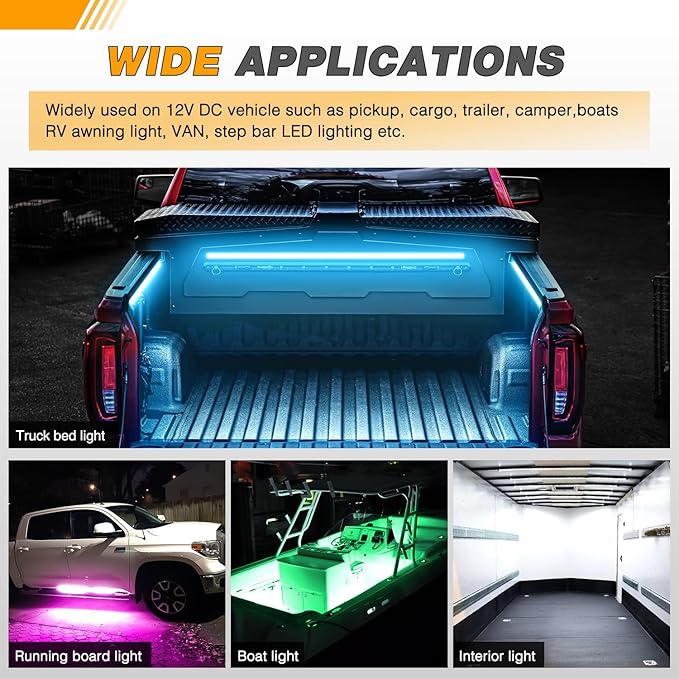 GOOACC RGB Truck Bed Light Strip 3PCS 60" 270 LEDs Neon Accent Lighting with RF Remote On/Off Switch Splitter Extension Cable for 12-Volt Car Cargo Pickup SUV RV Boat