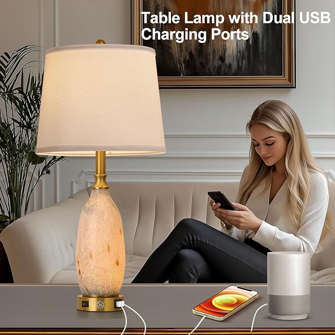 AIDENOEY 26" Modern Art Glass Table & Bedside Lamp, Stepless Dimmable Base + Dimmable 3-Color Light, USB A/C Charging Ports, Touch Control & Switch for Bedroom, Living Room, Office, Study