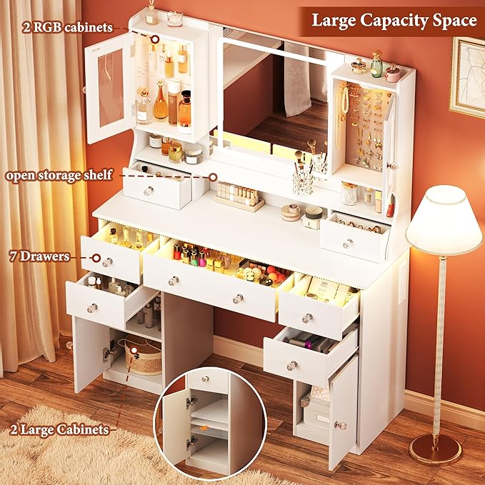 Vanity Desk with LED Mirror & RGB Lights, Large Makeup Vanity with 7 Drawers & 2 RGB Cabinets, White Vanity Table with Power Outlet, 3 Colors Lighting Adjustable Brightness for Bedroom, White