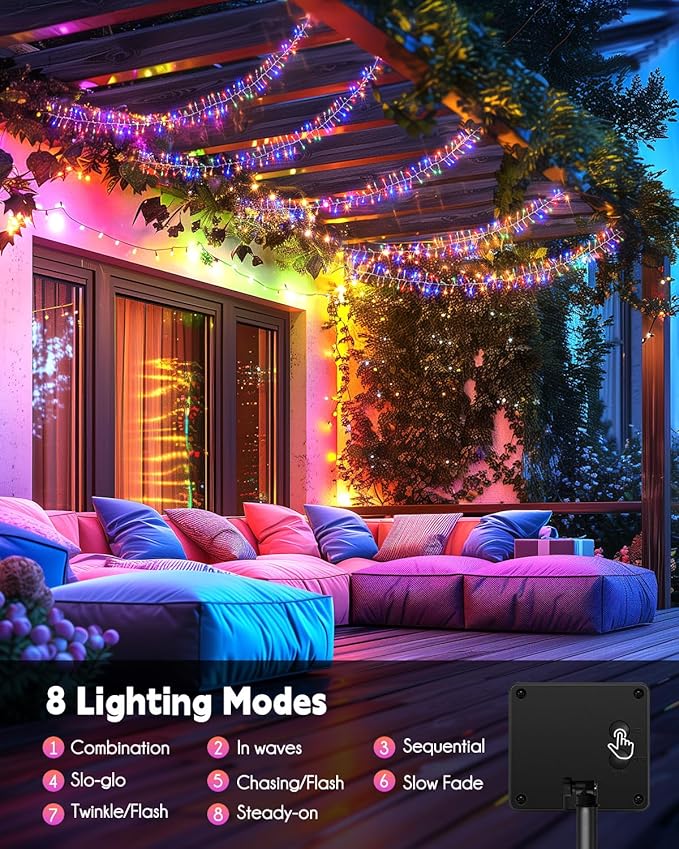 Brightown Solar Lights for Outside, 10Ft 120 LED Solar String Lights Outdoor Waterproof, 8 Modes Firecracker Balcony Light for Tree Patio Christmas Party Wedding Decor, Multicolor