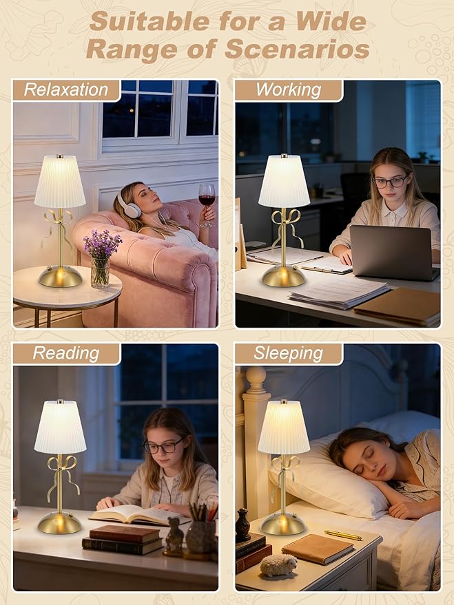 2 Pack Cordless Table Lamp,Small Gold Bow Night Light,LED Rechargeable Reading Lights,3 Color Stepless Dimmable Touch Control Bedside Lamp,Bedroom Living Room Bar Desk Lamp Home Decor Ambient Lighting
