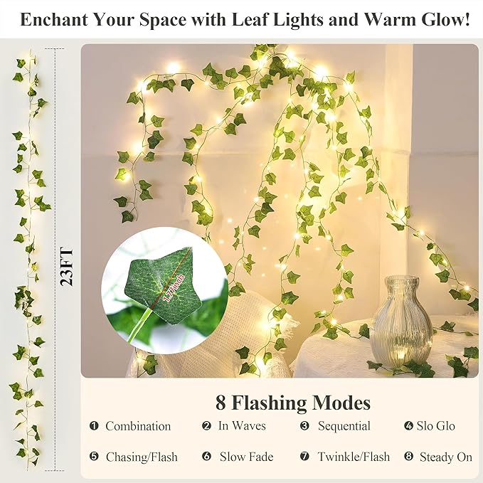 YOUNGAR Ivy Vines with Fairy Lights,Leaf String Warm White Lights Battery/USB Operated,23FT 73LED Fake for Bedroom Wall Room Wedding Birthday Garden Party Wall Room Decor