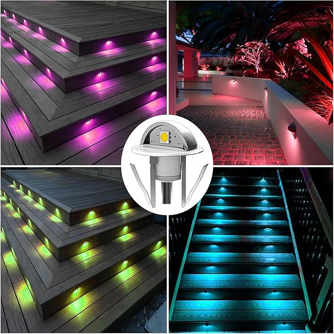 6 Pack LED Stair Lights Kit Low Voltage Waterproof IP65 Outdoor 1-2/5" Multi-Color RGB Recessed Wood LED Deck Lighting Yard Garden Patio Step Landscape Pathway Decor Lamps,RGB