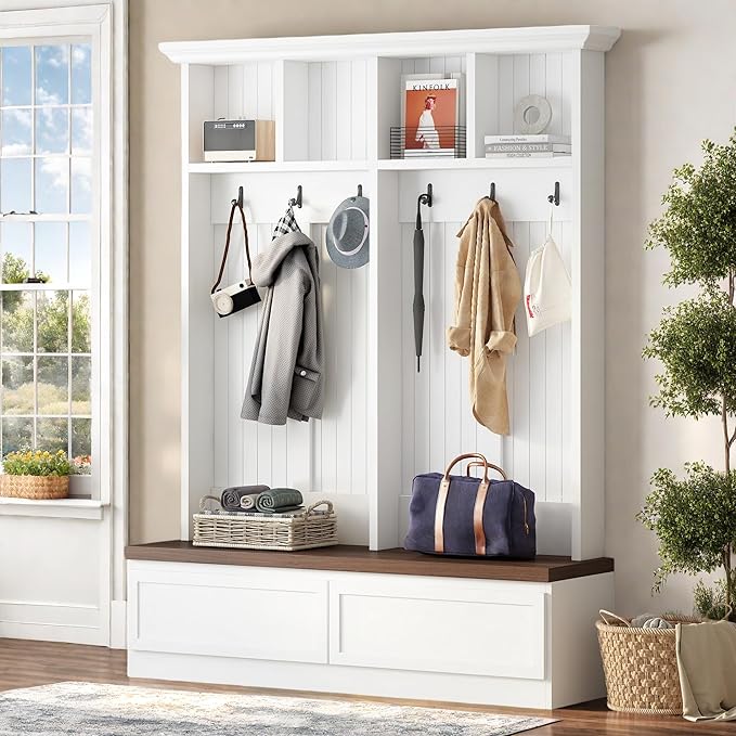 LUMISOL Farmhouse Hall Tree with Storage Bench for Entryway, 4-in-1 Hallway Coat Rack with 6 Hanging Hooks, Shoe Cabinet with Open Compartments and 2 Large Drawer, for Mudroom, White